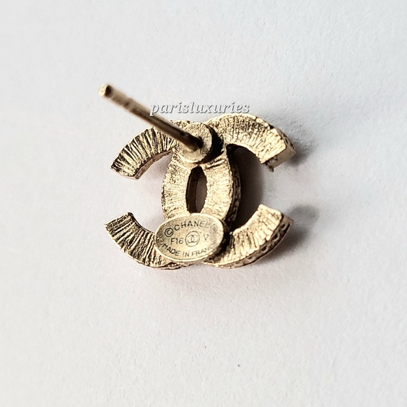 CHANEL F16 V CC Gold Rhinestone Curvy Earrings - Picture 3 of 5
